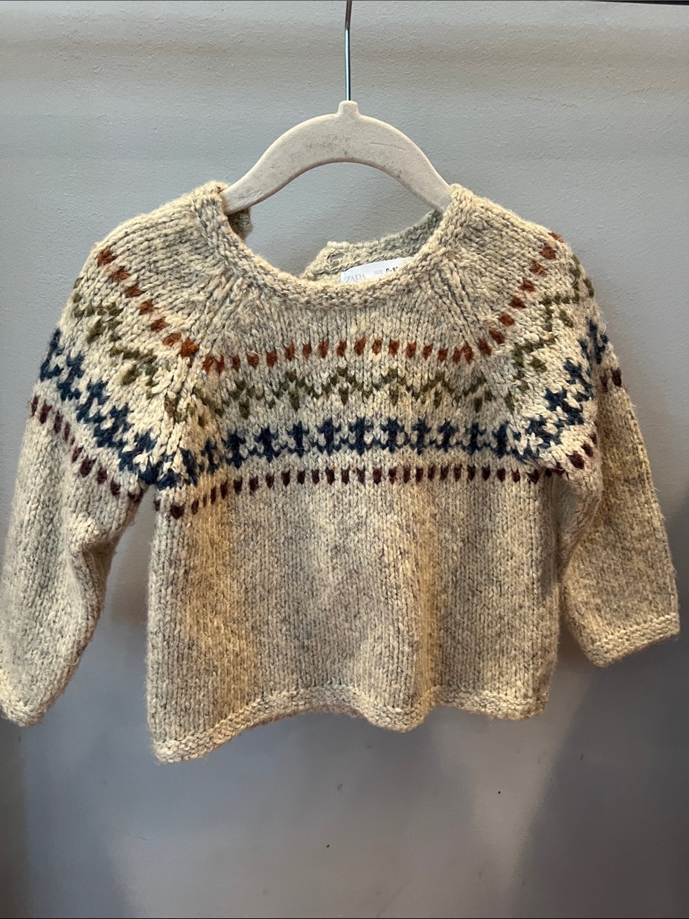 Zara Cream Fair Isle Crewneck Sweater with Multicolor Yoke
